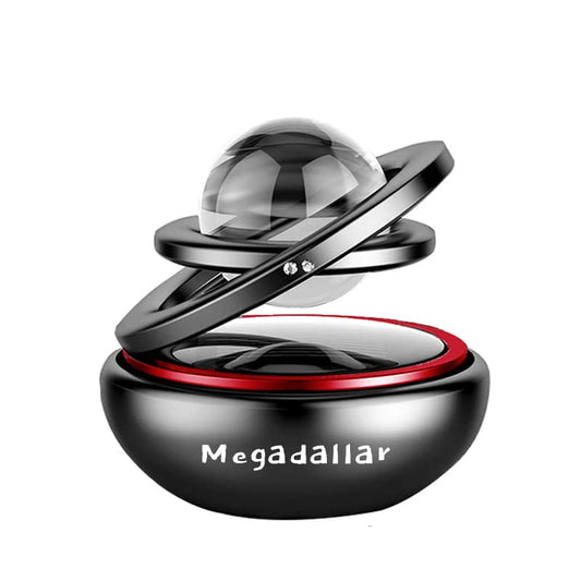 Megadallar Solar Powered Metal Double Ring with Crystal Rotating Car Air Freshener Solar Interior Dashboard Accessories (Black Red)