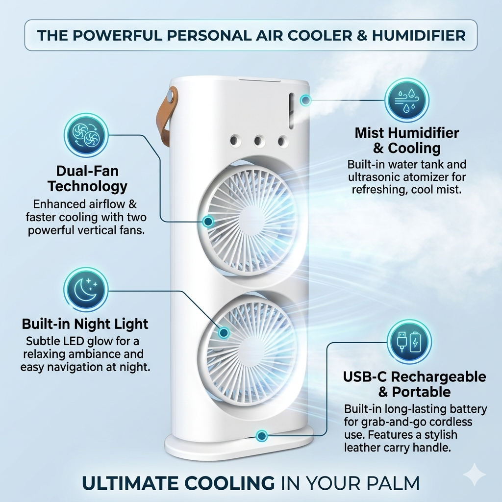 Rechargeable Double Fan Portable Dual Head Cooling Device Adjustable Speed