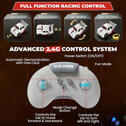 Mini Drifting RC Car | Remote Control Racing Car with LED Lights Sound Effects | 360° Spins Follow and Escape Modes Sensor Control Auto Demo Toy Vehicle for Boys & Girls