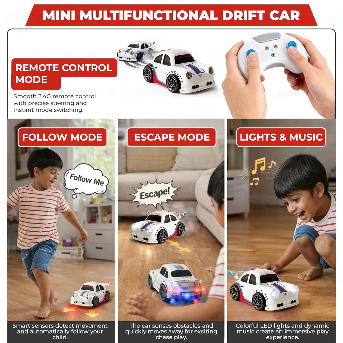 Mini Drifting RC Car | Remote Control Racing Car with LED Lights Sound Effects | 360° Spins Follow and Escape Modes Sensor Control Auto Demo Toy Vehicle for Boys & Girls